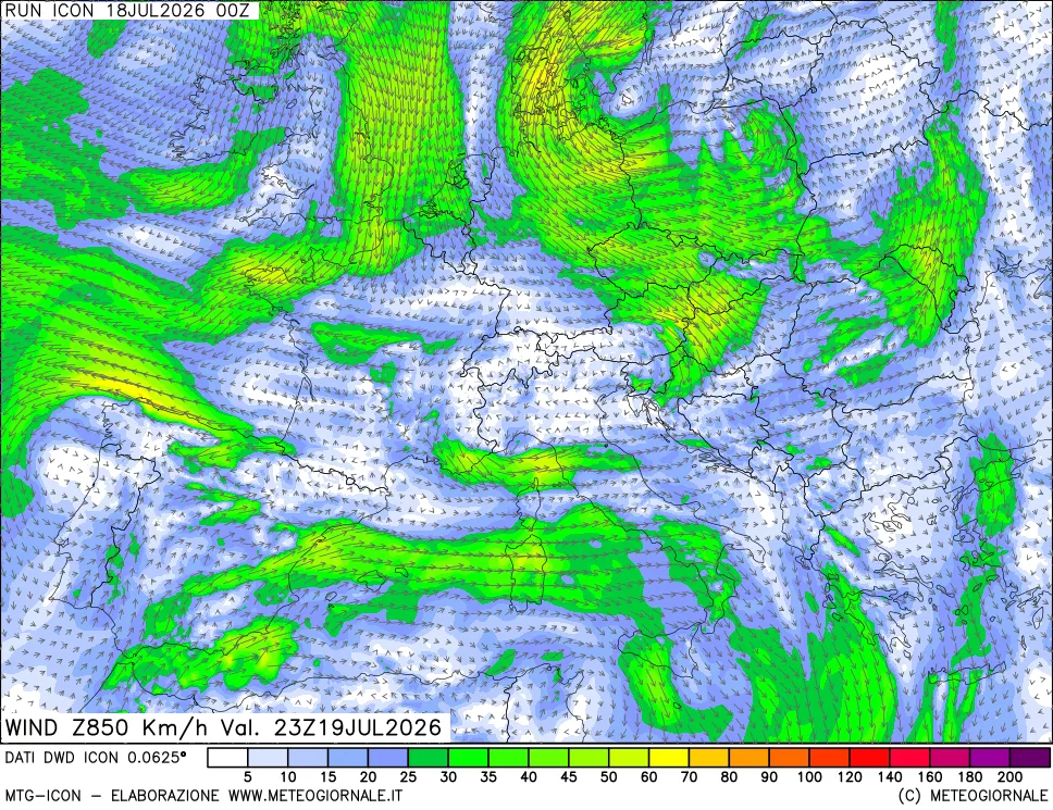 mappa 850 hPa Vento forza e direzione