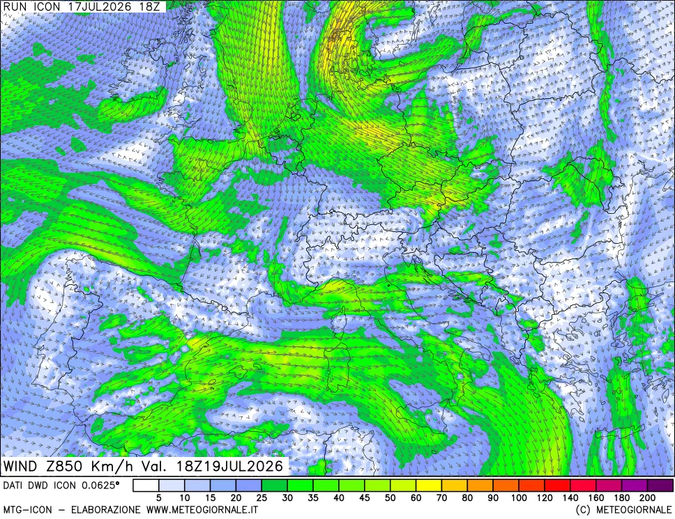 mappa 850 hPa Vento forza e direzione