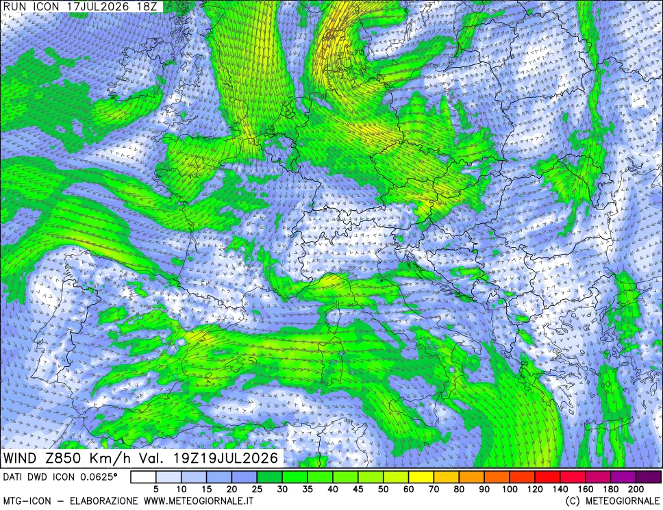 mappa 850 hPa Vento forza e direzione