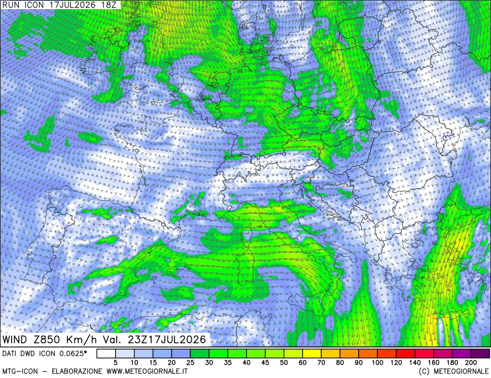 mappa 850 hPa Vento forza e direzione