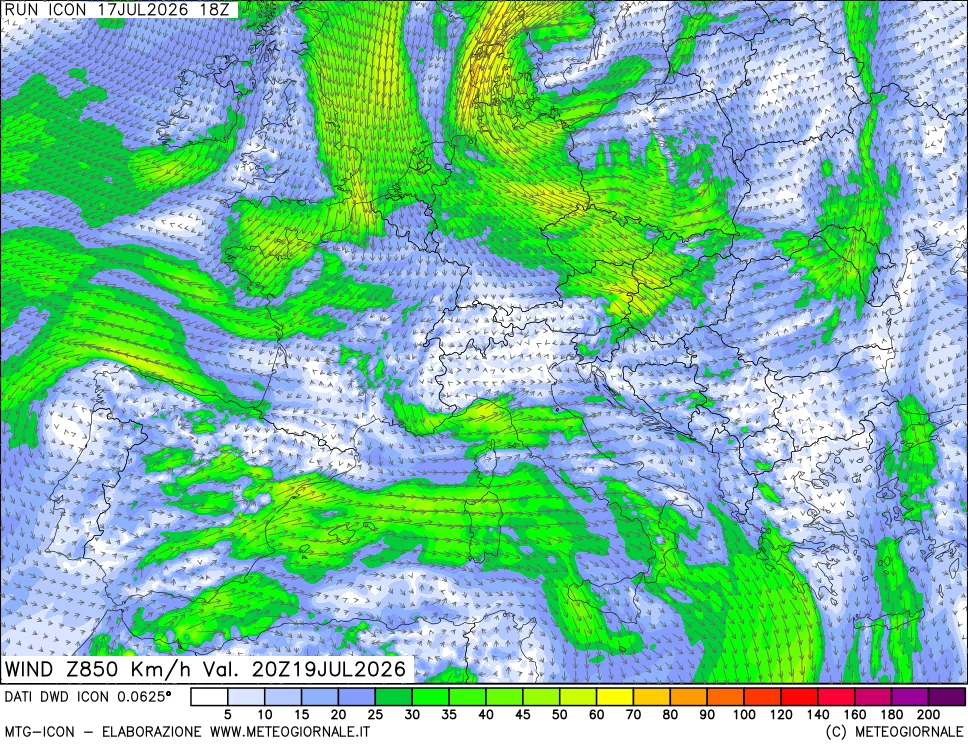 mappa 850 hPa Vento forza e direzione