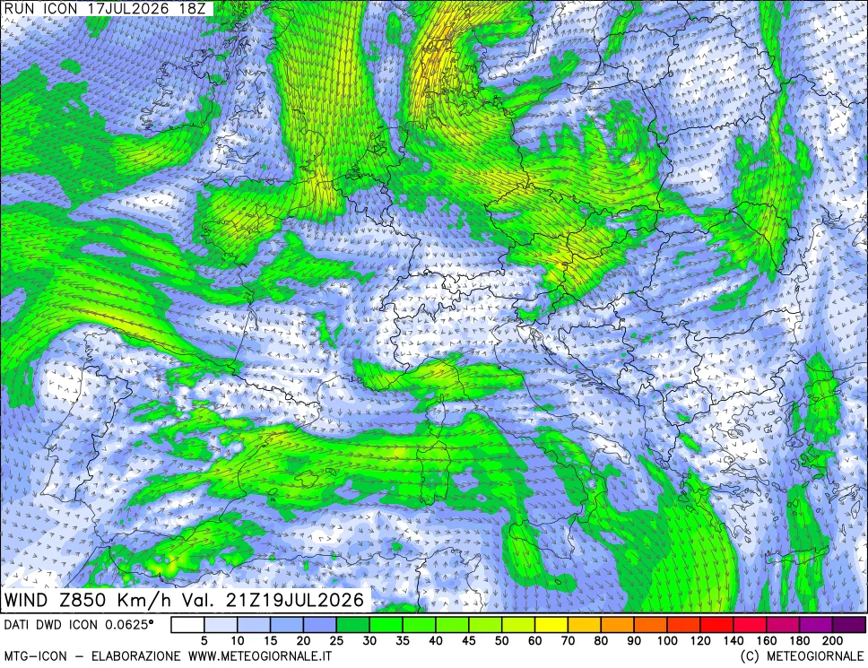 mappa 850 hPa Vento forza e direzione