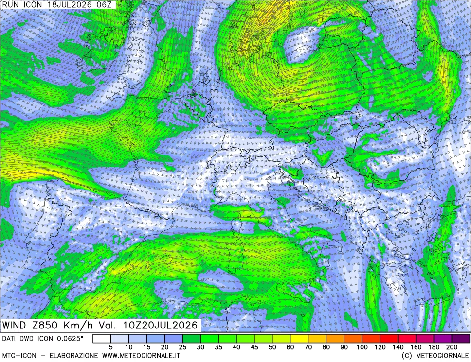 mappa 850 hPa Vento forza e direzione