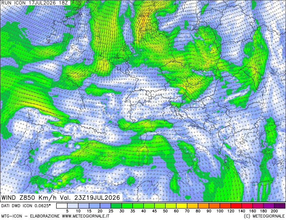 mappa 850 hPa Vento forza e direzione