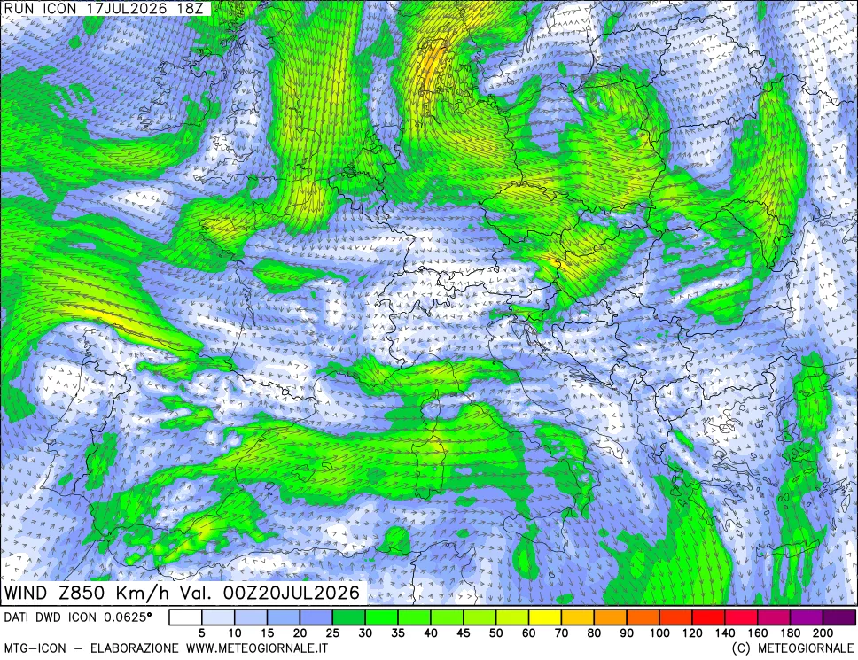 mappa 850 hPa Vento forza e direzione