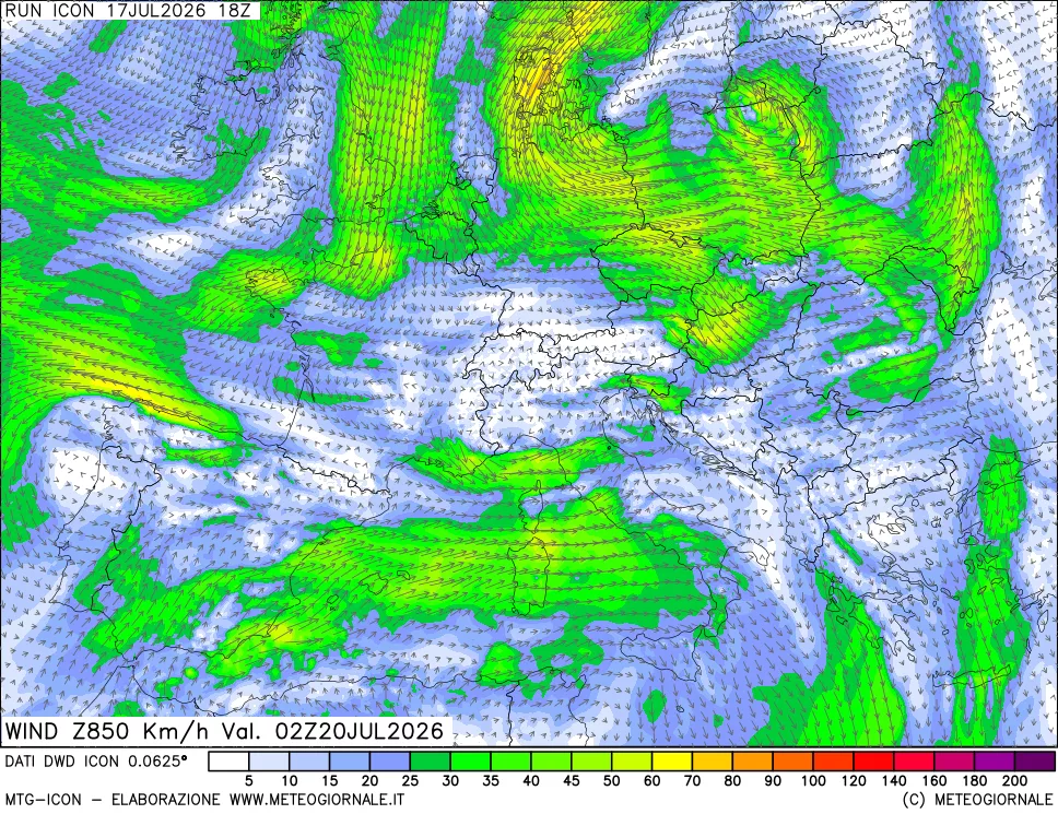 mappa 850 hPa Vento forza e direzione