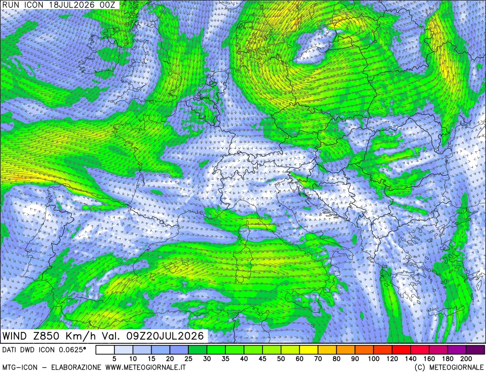 mappa 850 hPa Vento forza e direzione