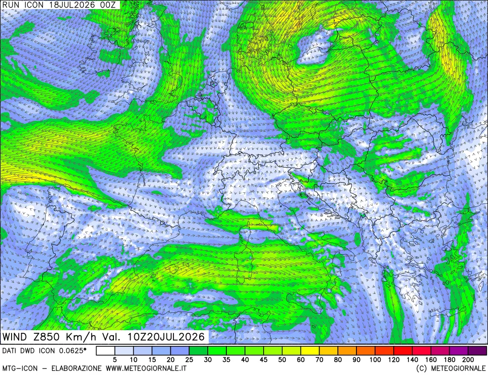 mappa 850 hPa Vento forza e direzione