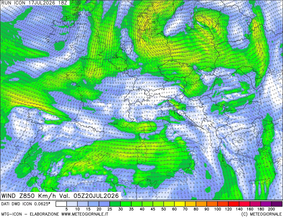 mappa 850 hPa Vento forza e direzione