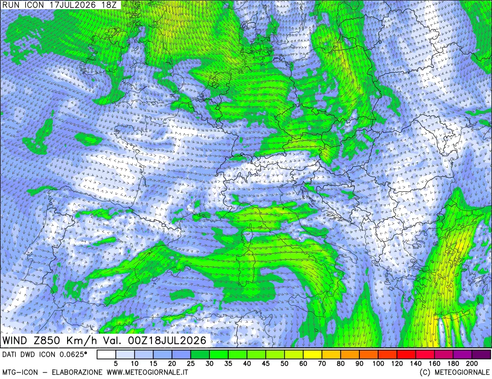 mappa 850 hPa Vento forza e direzione