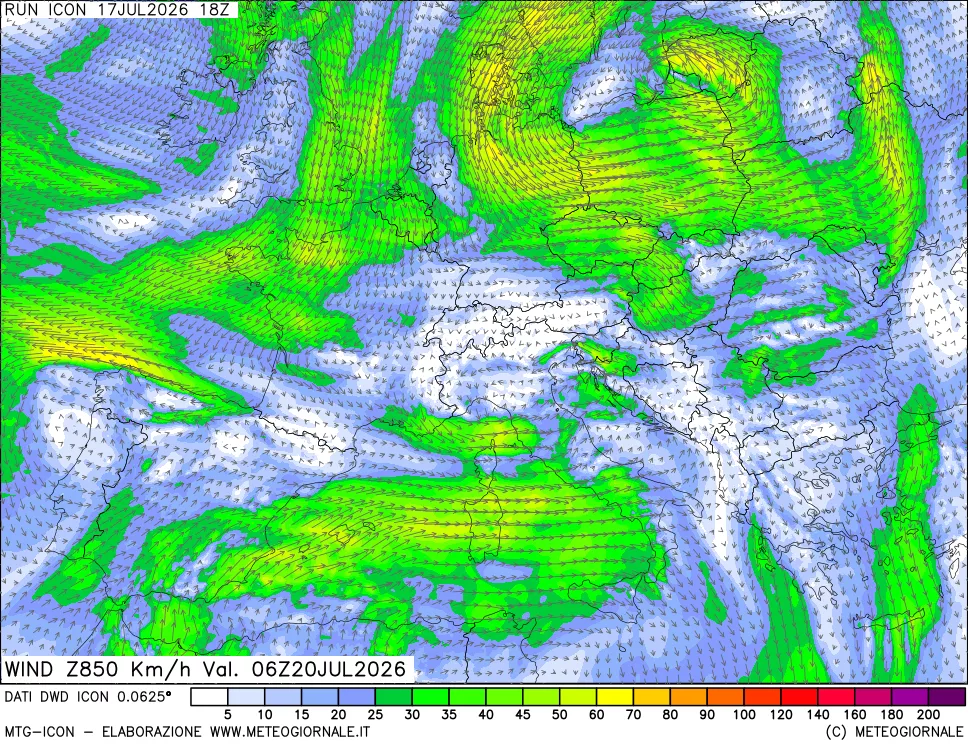 mappa 850 hPa Vento forza e direzione