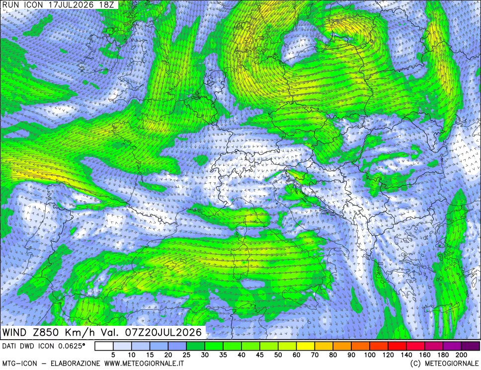 mappa 850 hPa Vento forza e direzione