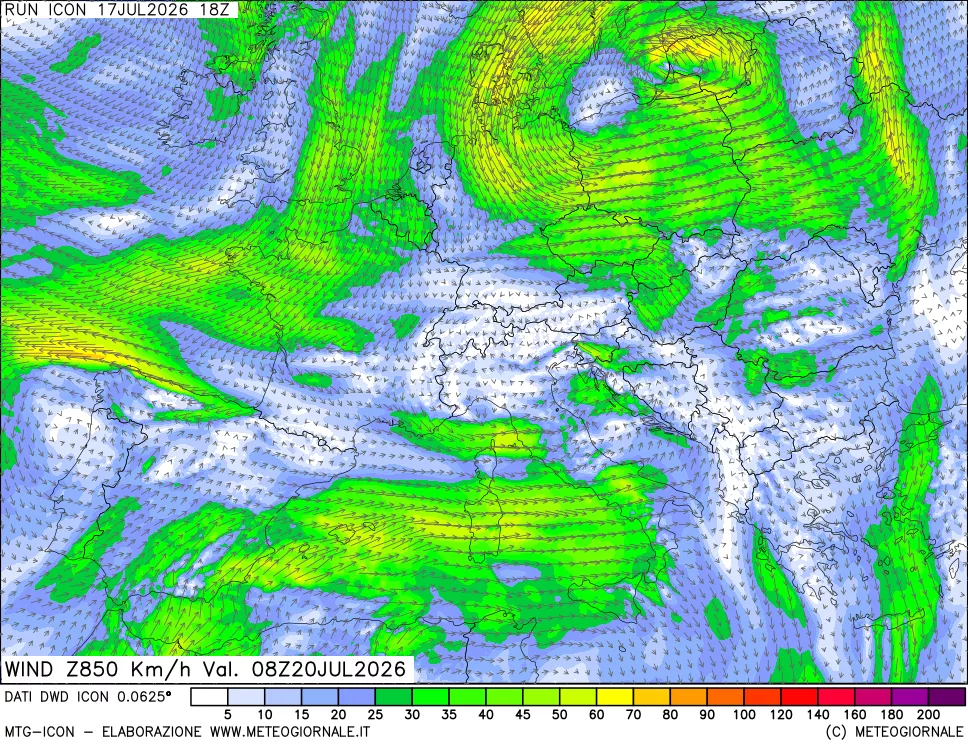 mappa 850 hPa Vento forza e direzione