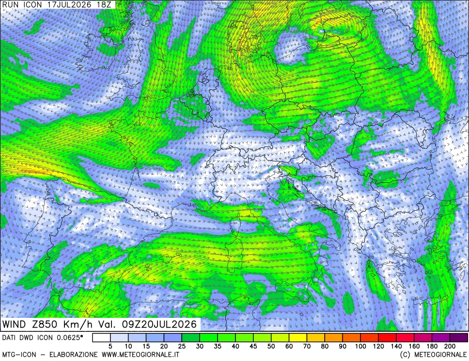 mappa 850 hPa Vento forza e direzione