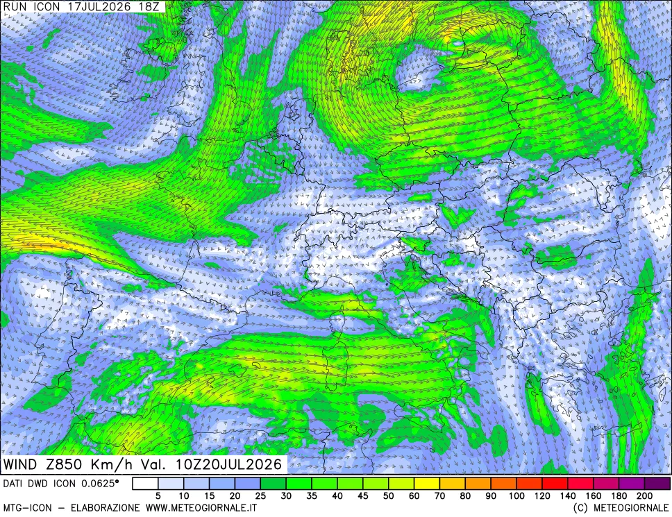 mappa 850 hPa Vento forza e direzione