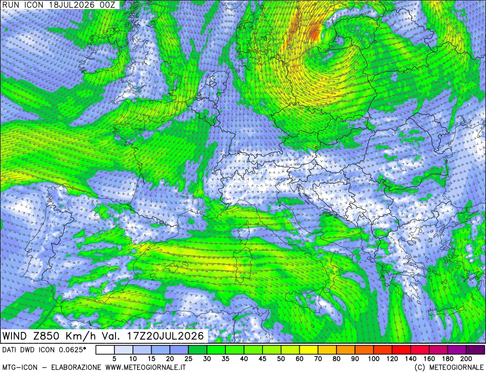 mappa 850 hPa Vento forza e direzione