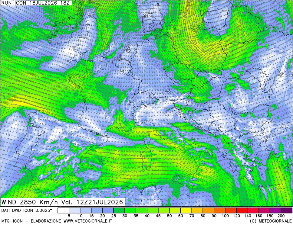 mappa 850 hPa Vento forza e direzione