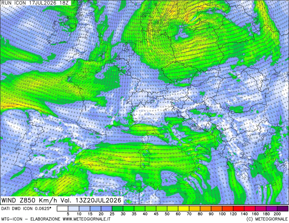 mappa 850 hPa Vento forza e direzione