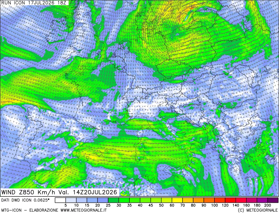 mappa 850 hPa Vento forza e direzione