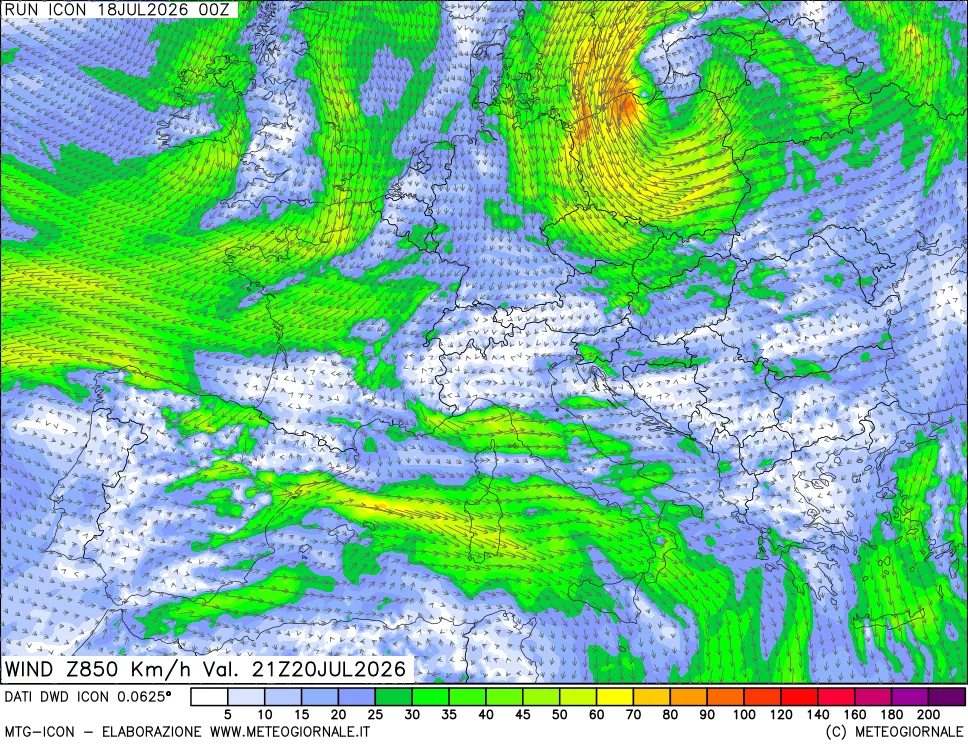 mappa 850 hPa Vento forza e direzione