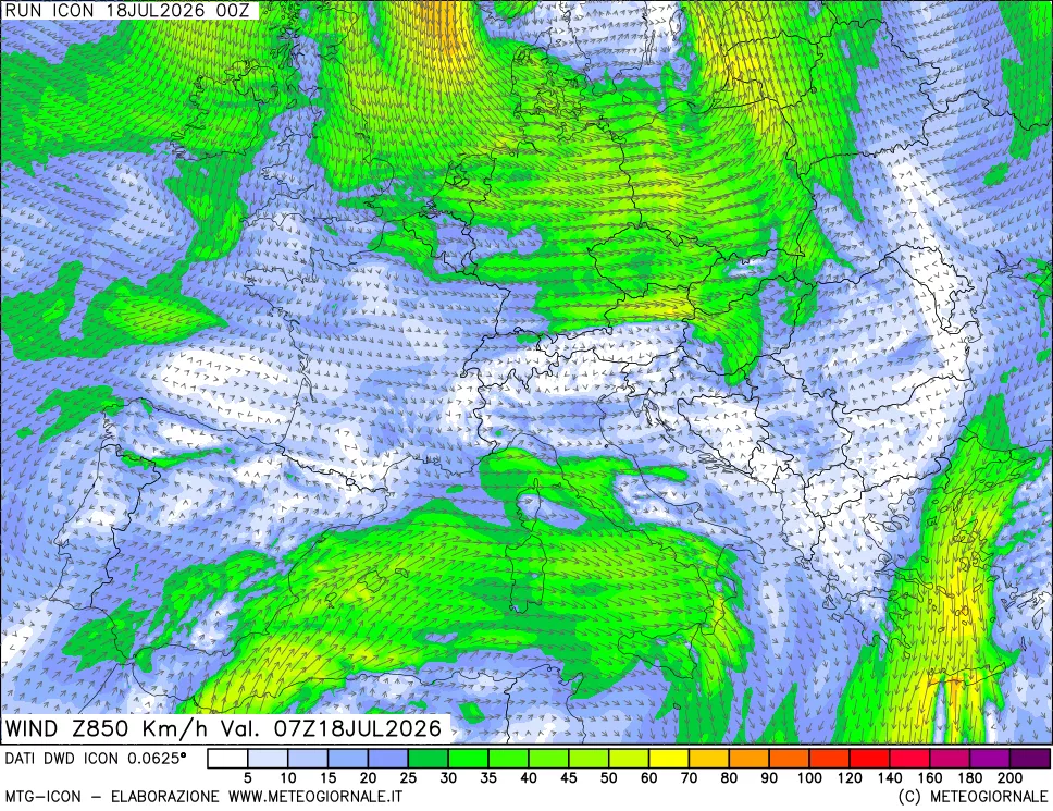 mappa 850 hPa Vento forza e direzione