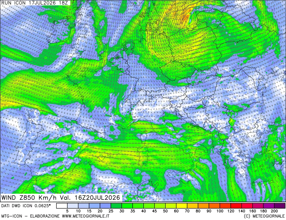 mappa 850 hPa Vento forza e direzione