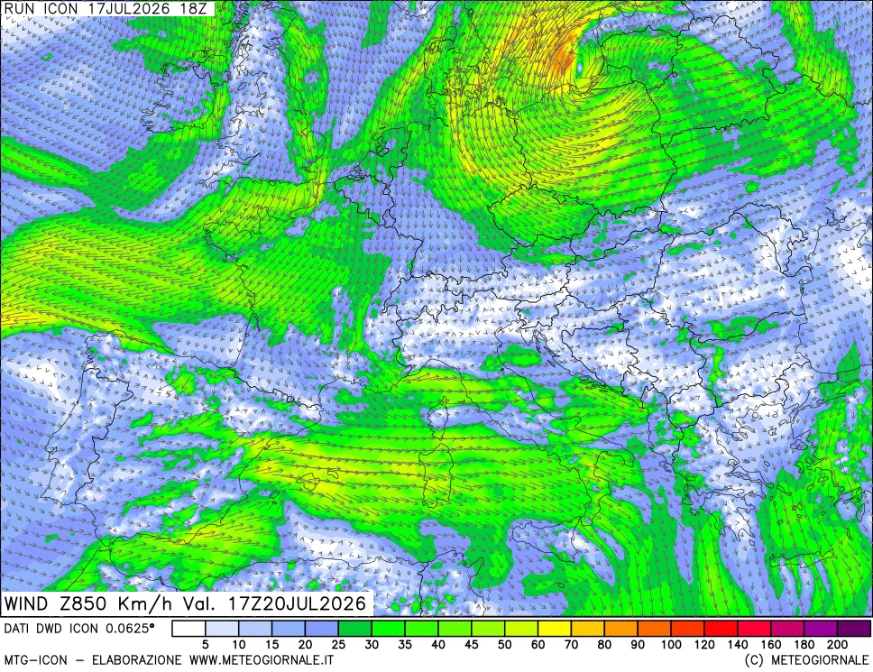 mappa 850 hPa Vento forza e direzione