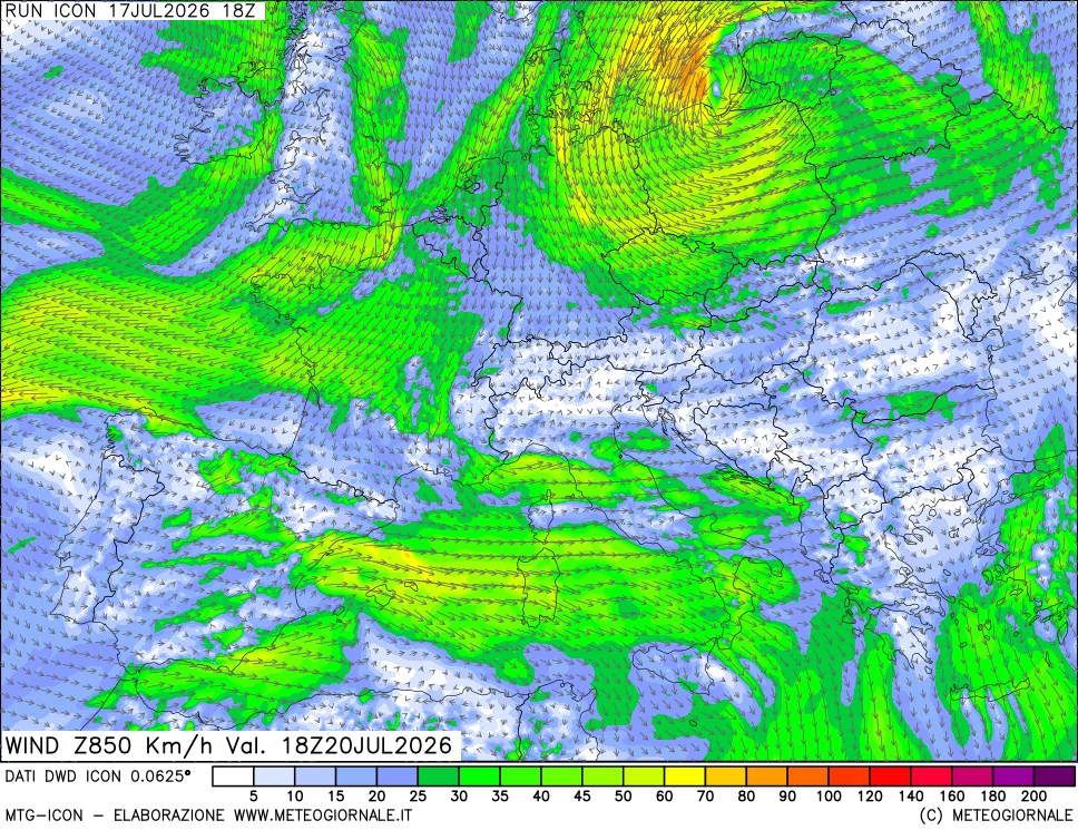 mappa 850 hPa Vento forza e direzione