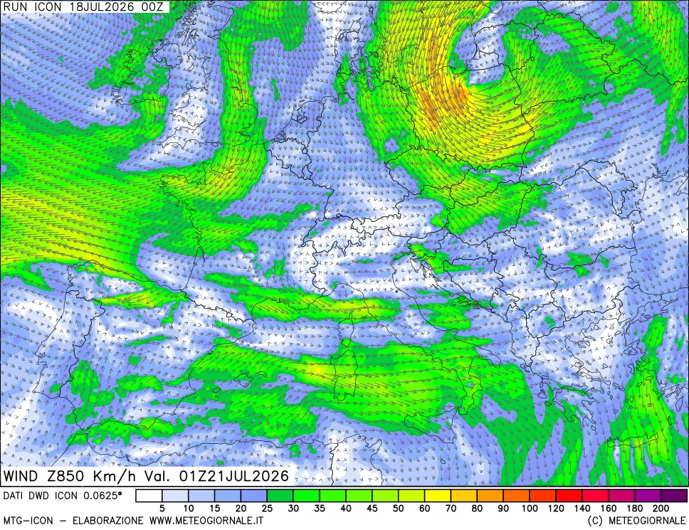 mappa 850 hPa Vento forza e direzione