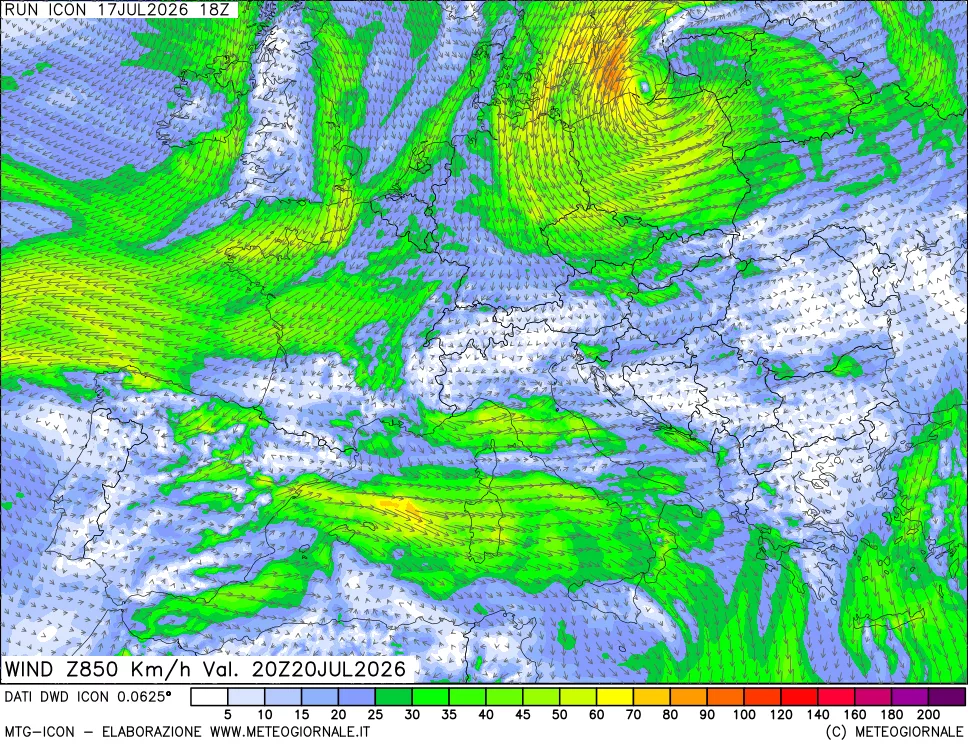 mappa 850 hPa Vento forza e direzione