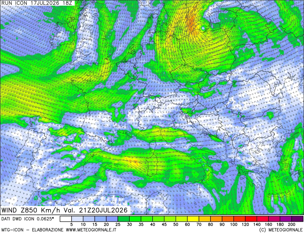 mappa 850 hPa Vento forza e direzione
