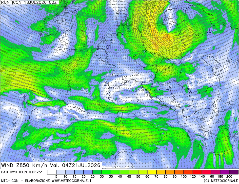 mappa 850 hPa Vento forza e direzione