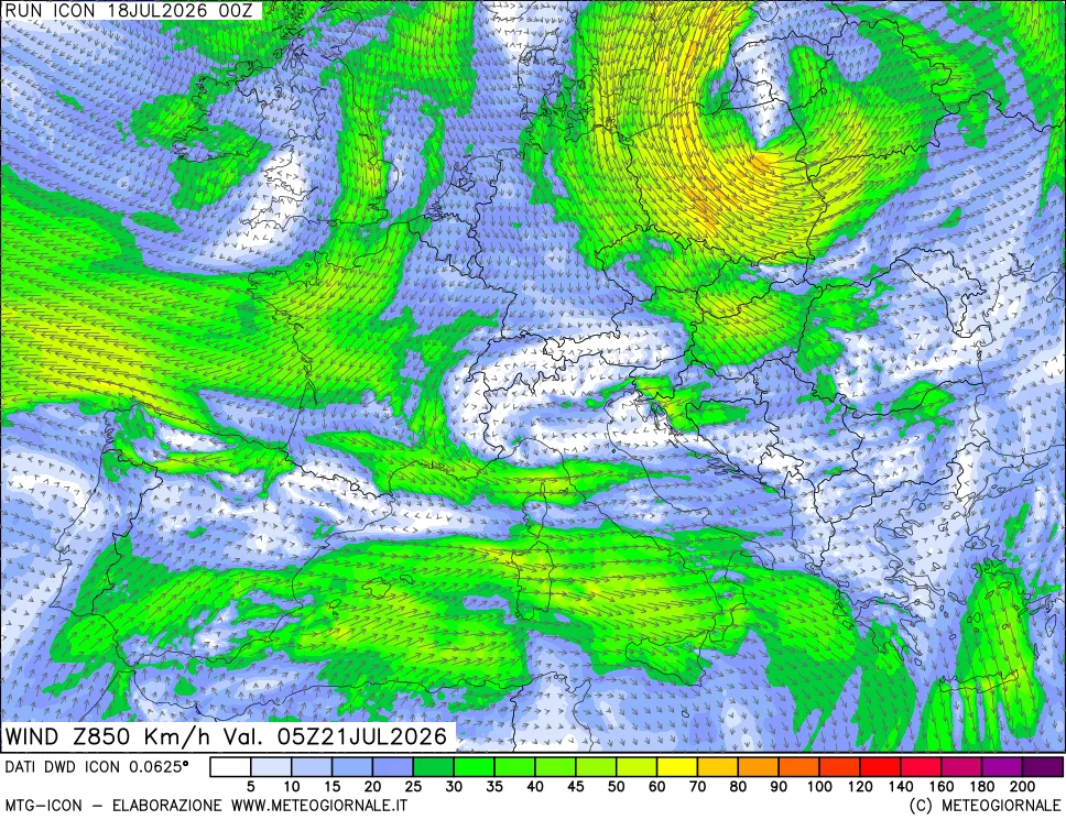 mappa 850 hPa Vento forza e direzione