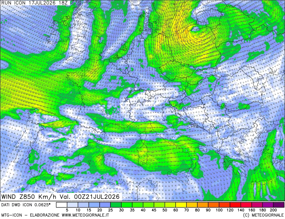 mappa 850 hPa Vento forza e direzione