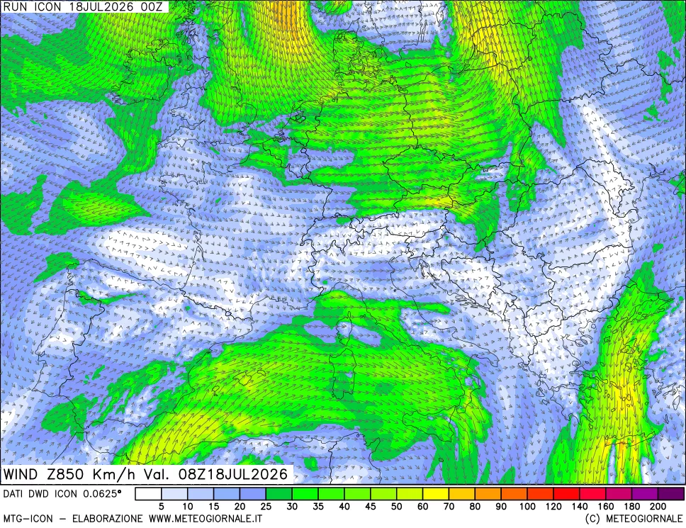 mappa 850 hPa Vento forza e direzione