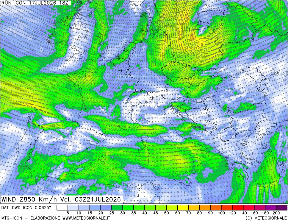 mappa 850 hPa Vento forza e direzione