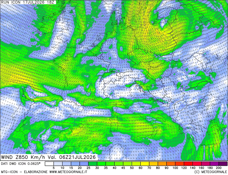 mappa 850 hPa Vento forza e direzione