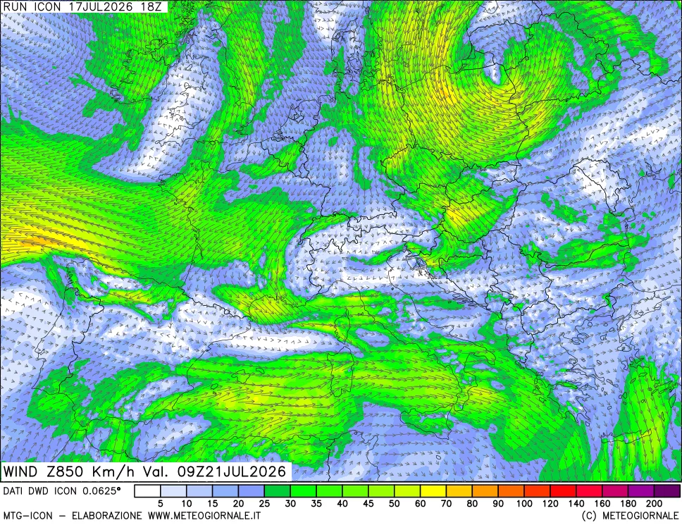 mappa 850 hPa Vento forza e direzione