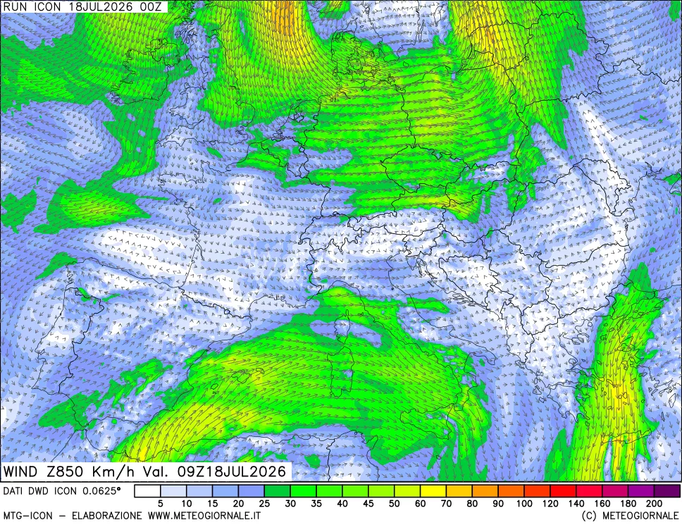 mappa 850 hPa Vento forza e direzione