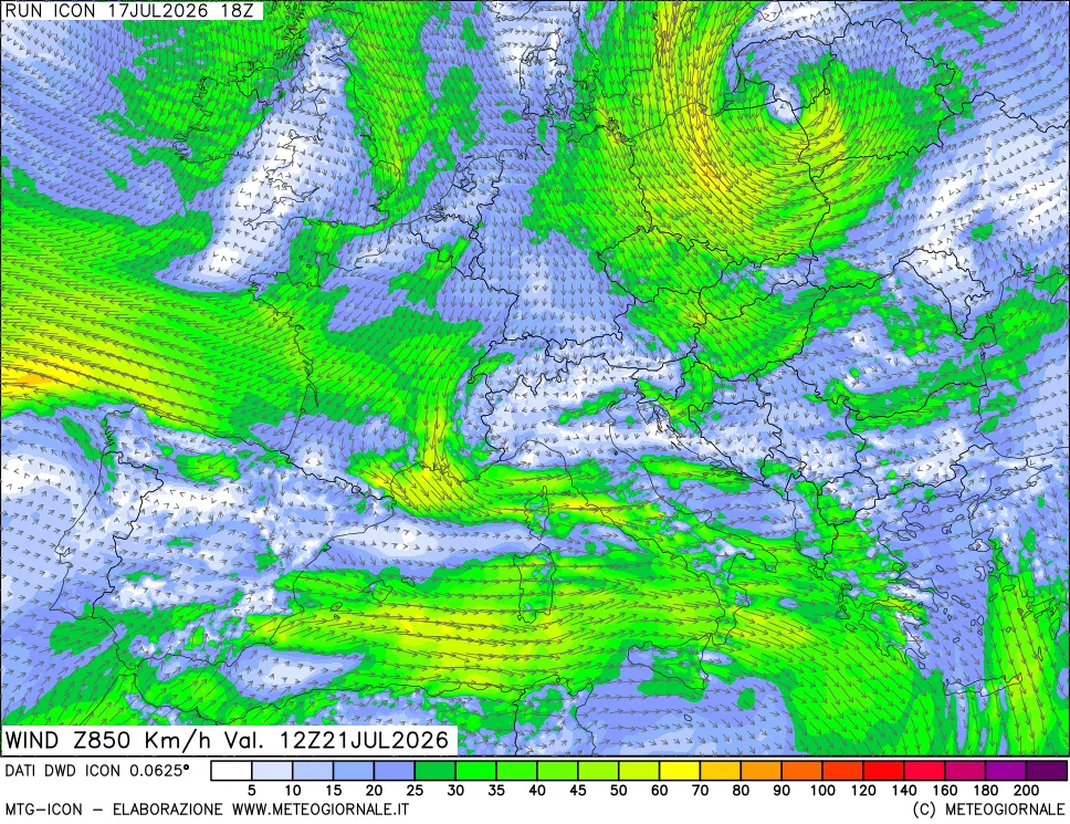 mappa 850 hPa Vento forza e direzione