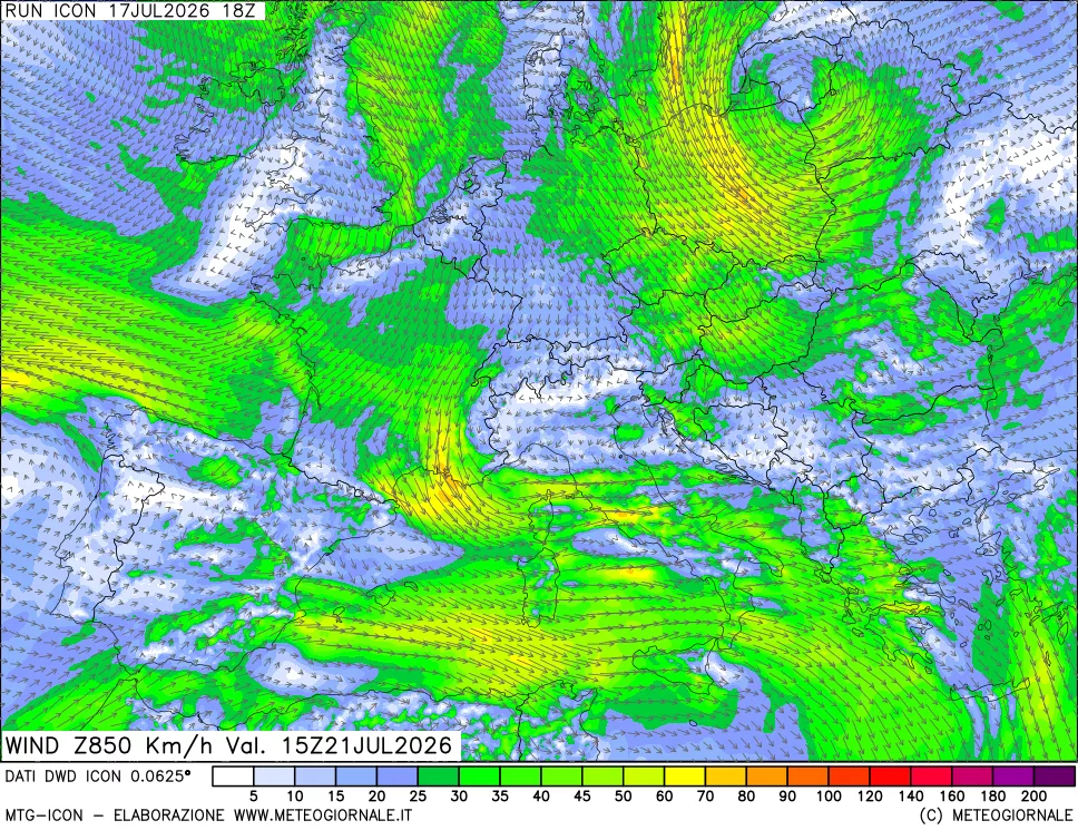 mappa 850 hPa Vento forza e direzione