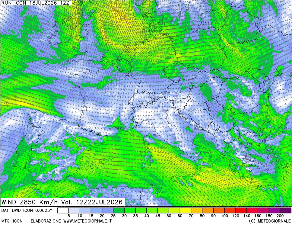 mappa 850 hPa Vento forza e direzione