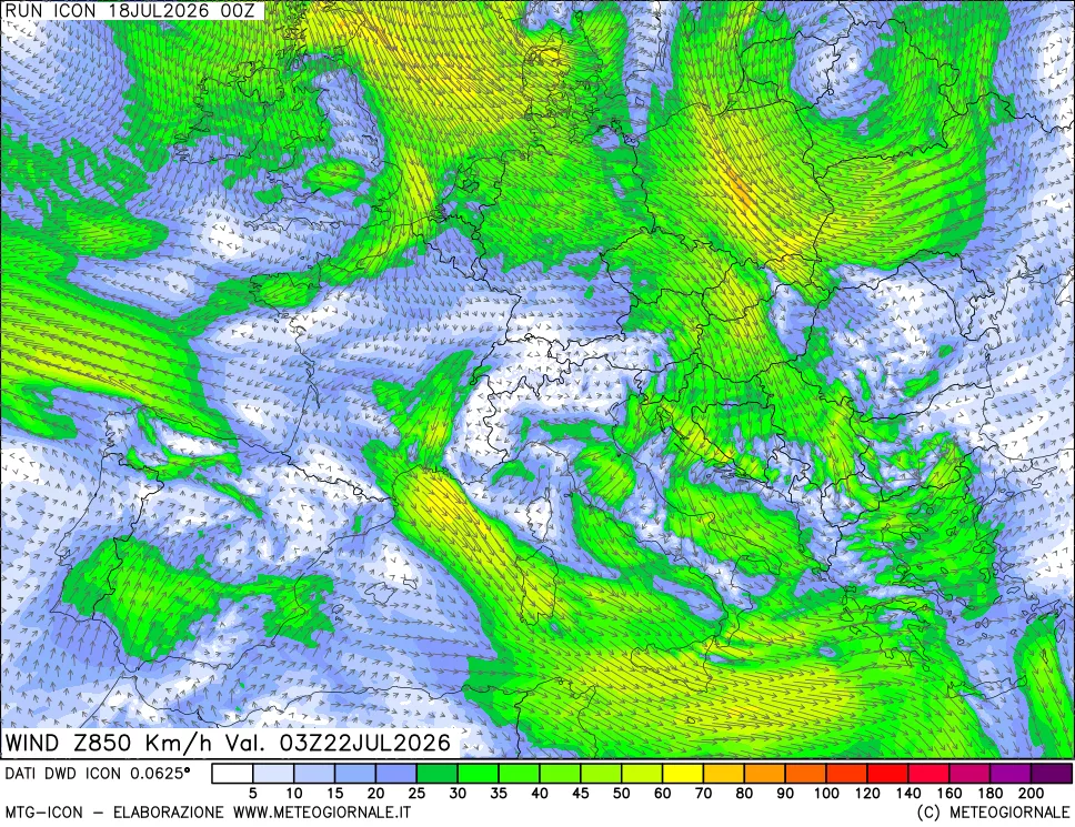 mappa 850 hPa Vento forza e direzione