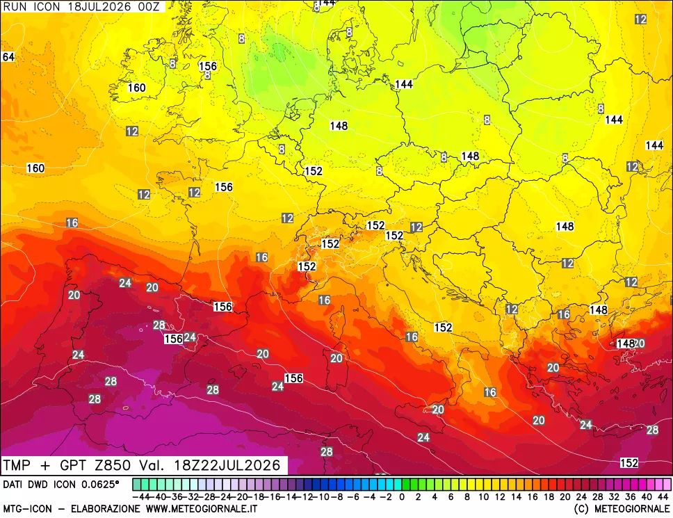 mappa 850 hPa Temp + GPT