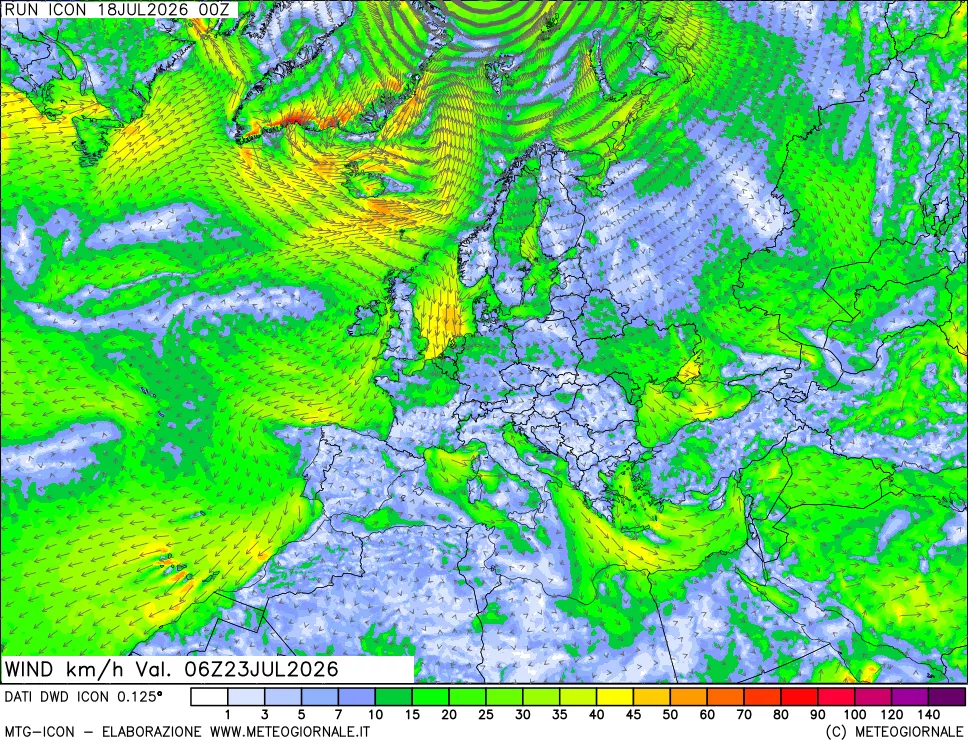 mappa 10 m Vento forza e direzione