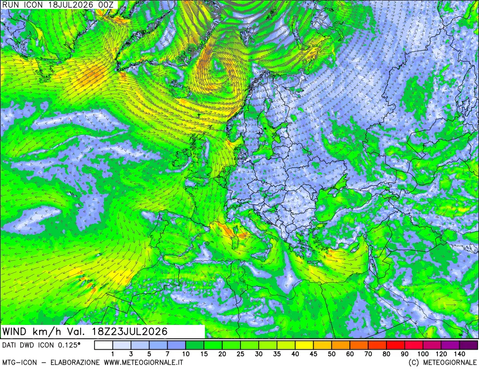 mappa 10 m Vento forza e direzione