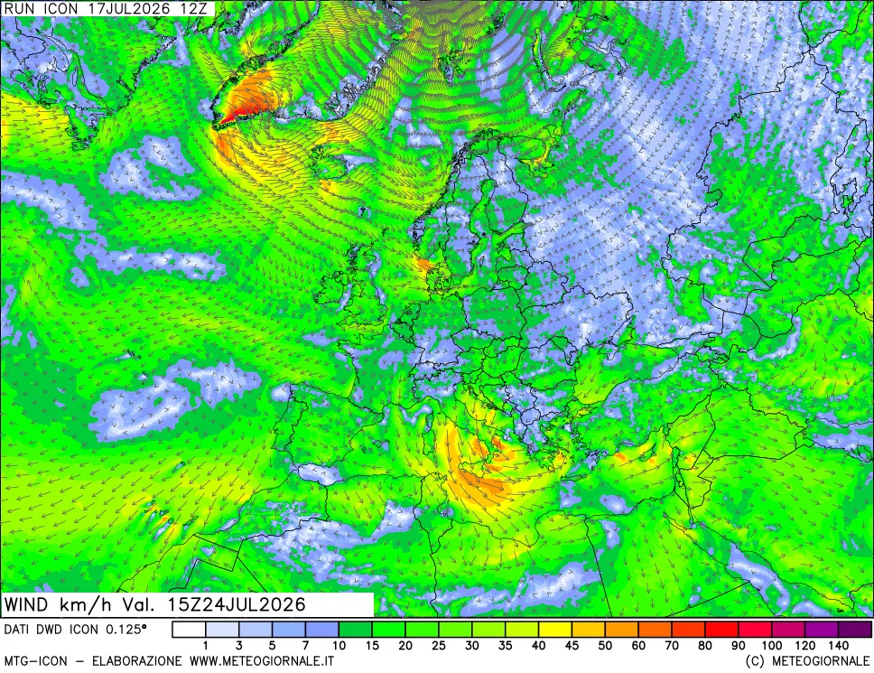 mappa 10 m Vento forza e direzione