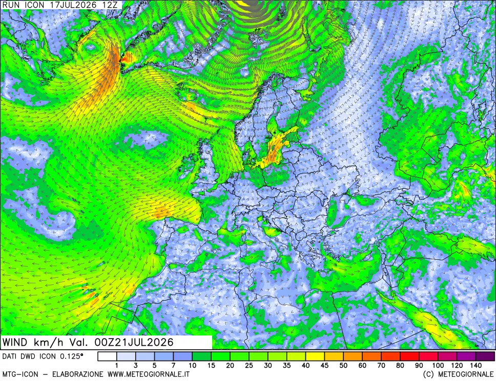 mappa 10 m Vento forza e direzione