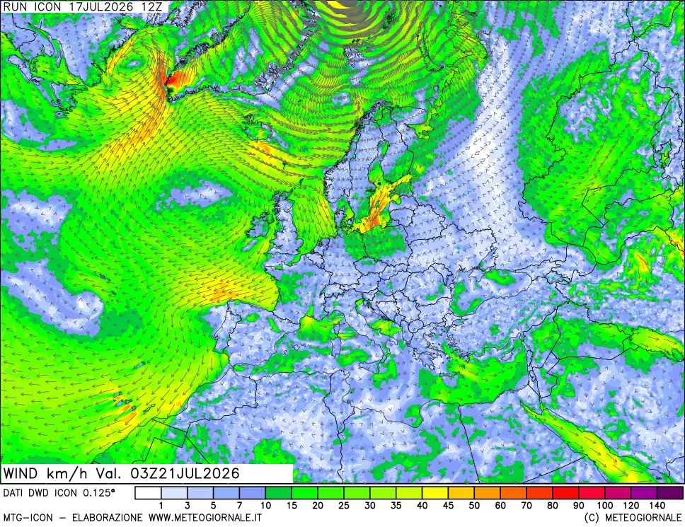 mappa 10 m Vento forza e direzione