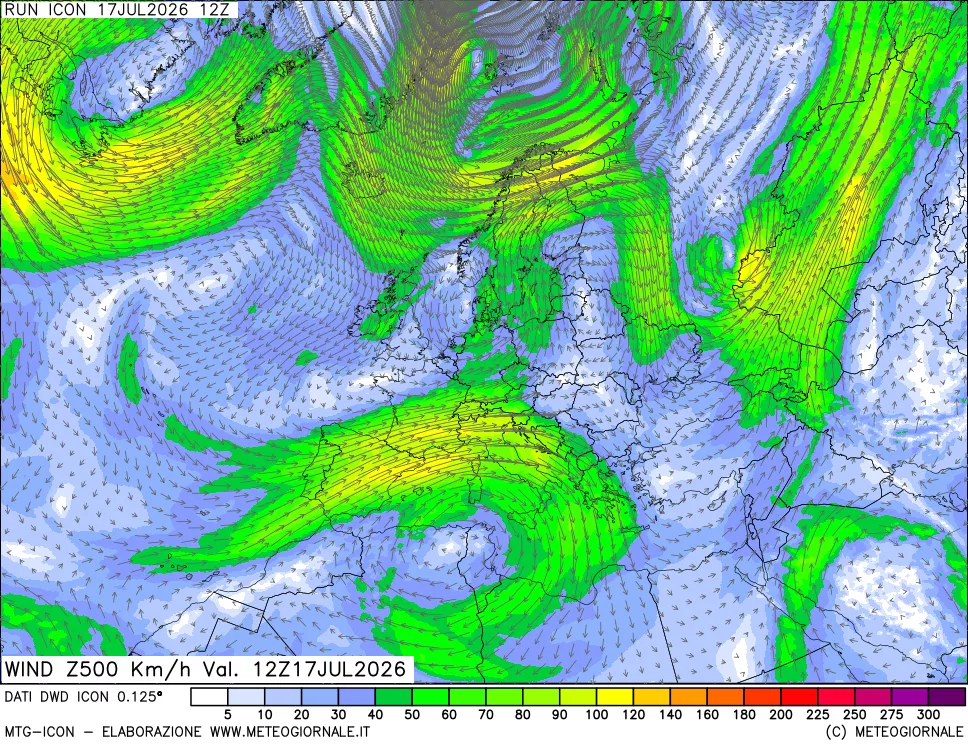 mappa 500 hPa Vento forza e direzione